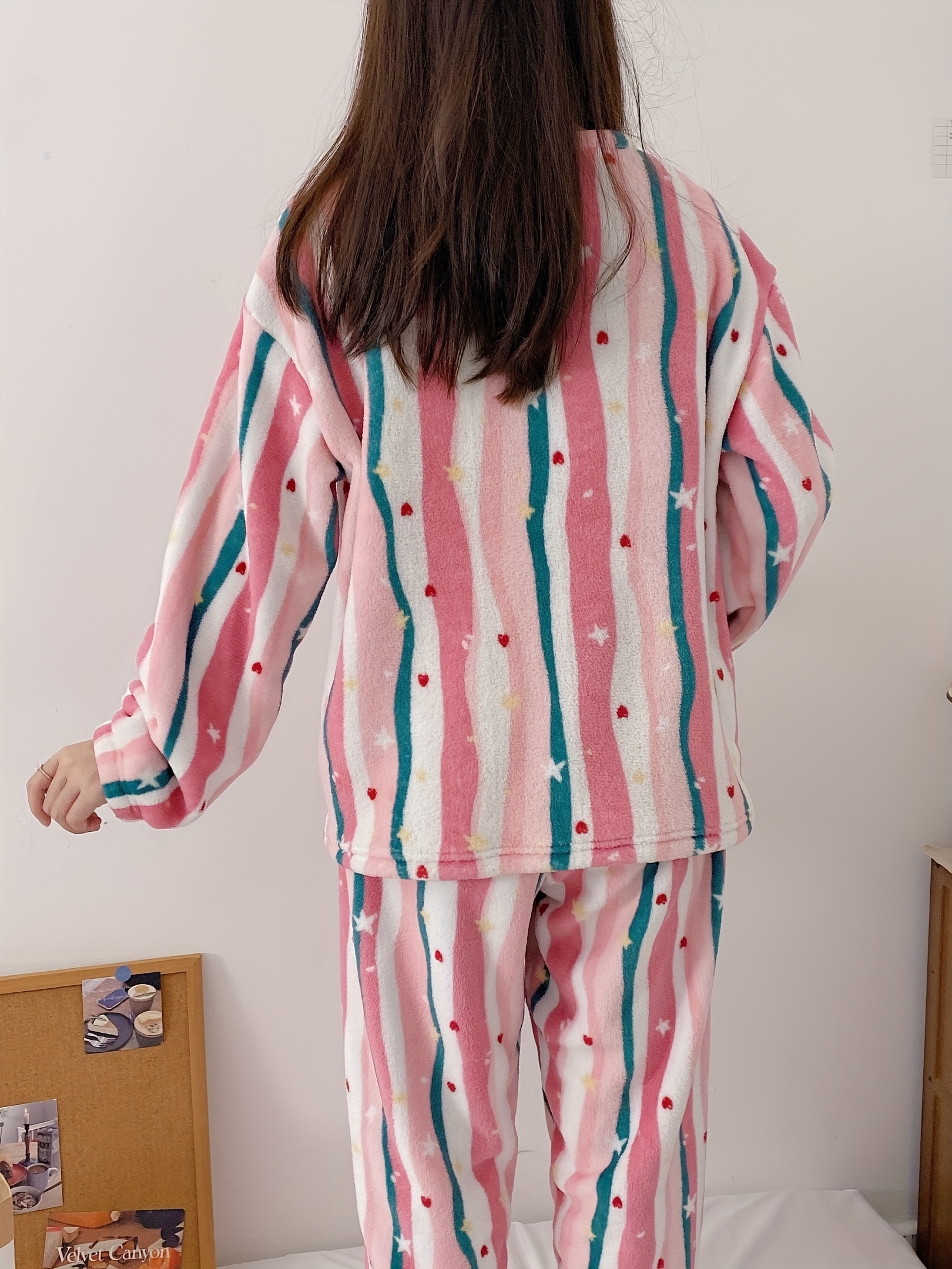 Winter Womens Cozy Fleece Pajama Set Cute Striped Pattern