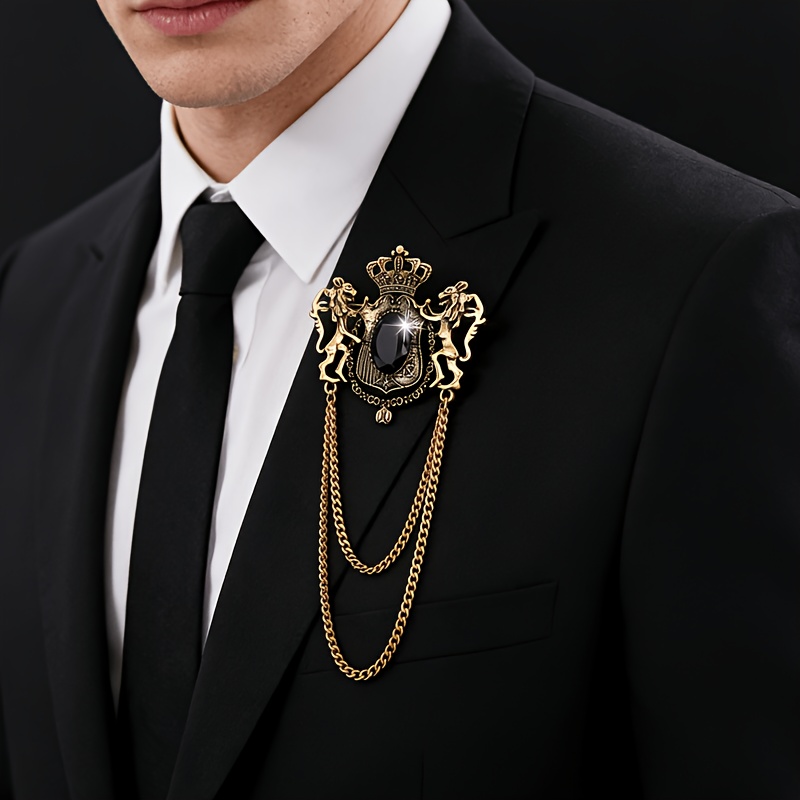 TEMU 1pc Fashionable Vintage Court-style Premium Crown Lion Chain Tassel Brooch Pin, A Clothing Accessory Suitable For Men' And Party Wear