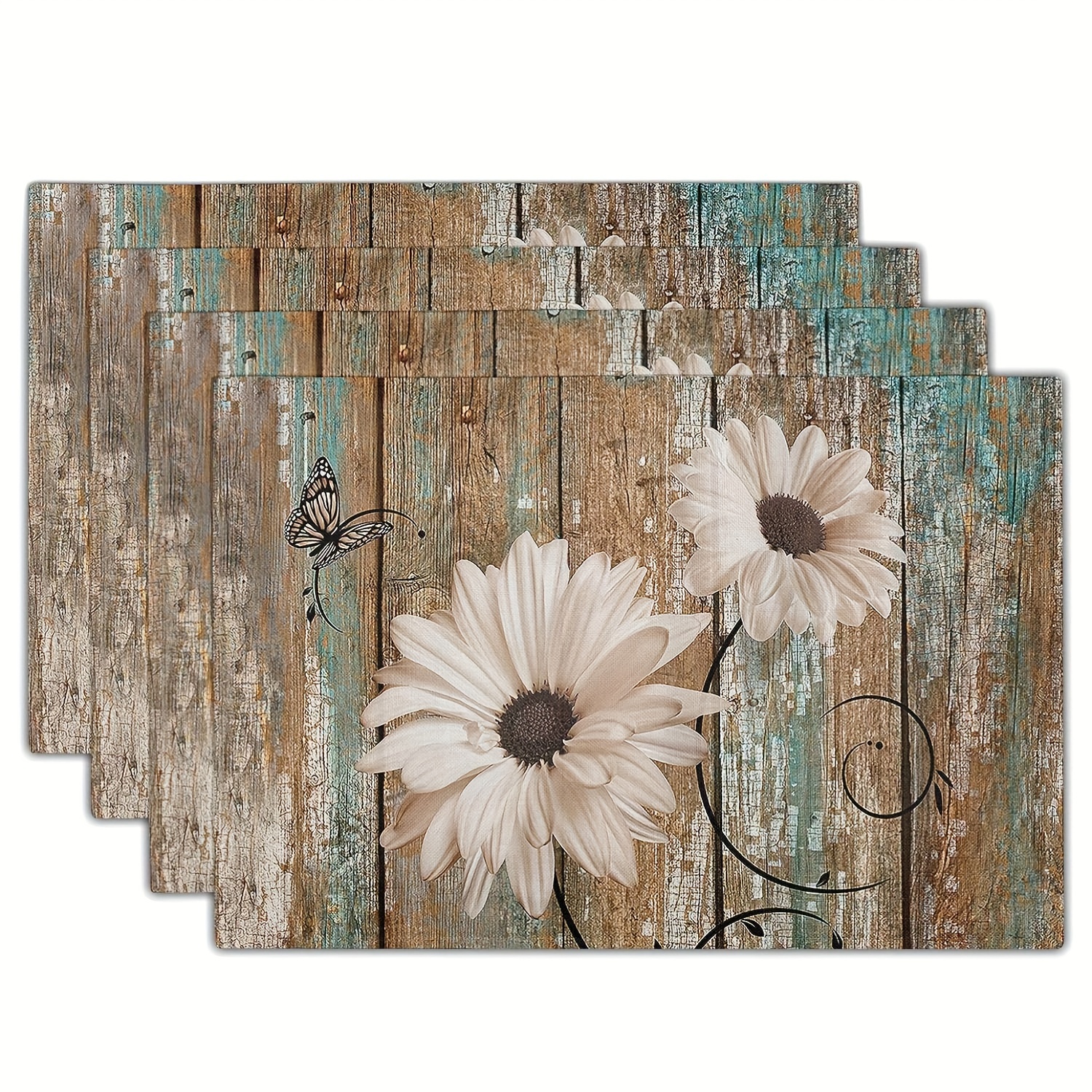 

4pcs, Placemats, Rustic Daisy Board Placemats, White Sunflowers On Vintage Wood Plank Table Pads, Farmhouse Wooden Non-slip Heat Resistant Table Mats For Dining, Kitchen Table Decor