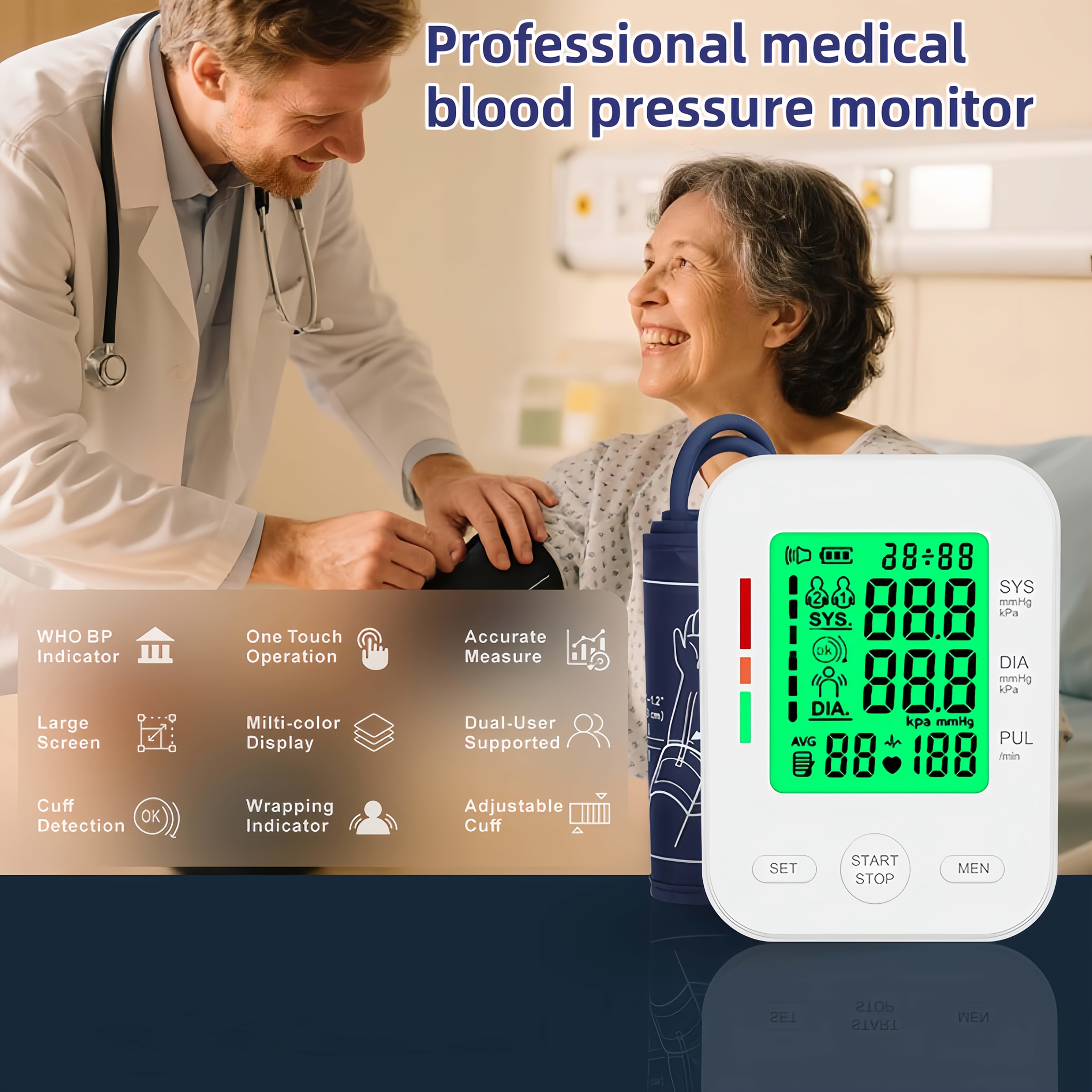 Fully Automatic Upper Arm Blood Pressure Monitor with Adjustable 22–42cm Cuff, Large LCD Display, 2 × 99 Memory, Heart Rate Monitoring, Positioning Guidance (Measuring Pose Reminder), 60‑Second Readings, Battery or USB Powered, Home Use & Elder Care - Image 2