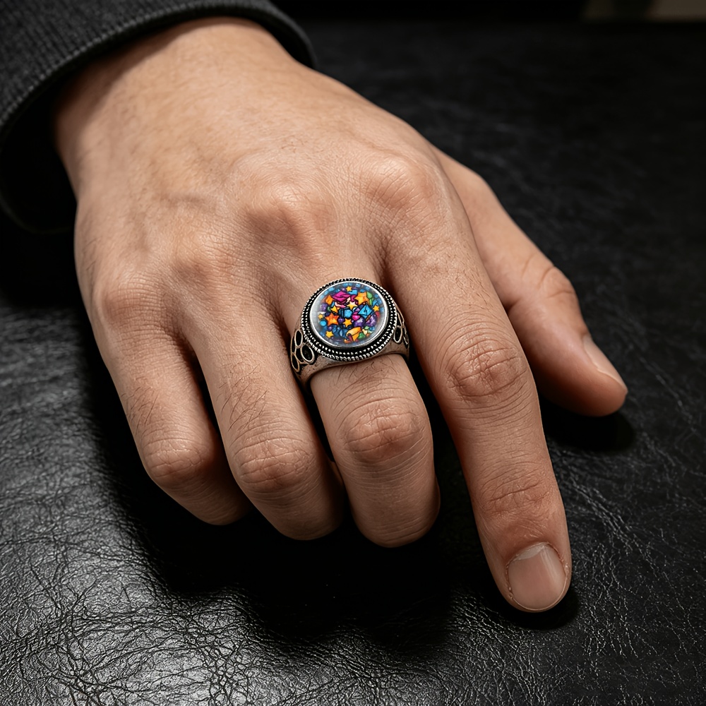 Classic Black Side-Hollow Carved Adjustable Open Ring with Stained Glass Design