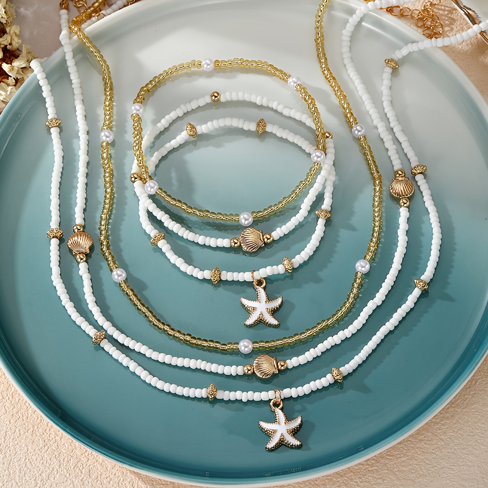 TEMU Juego de 6 piezas de collar y pulsera para mujer, estilo bohemio, a y versátil, con cuentas de pedrería inspiradas en , adecuado para vacaciones