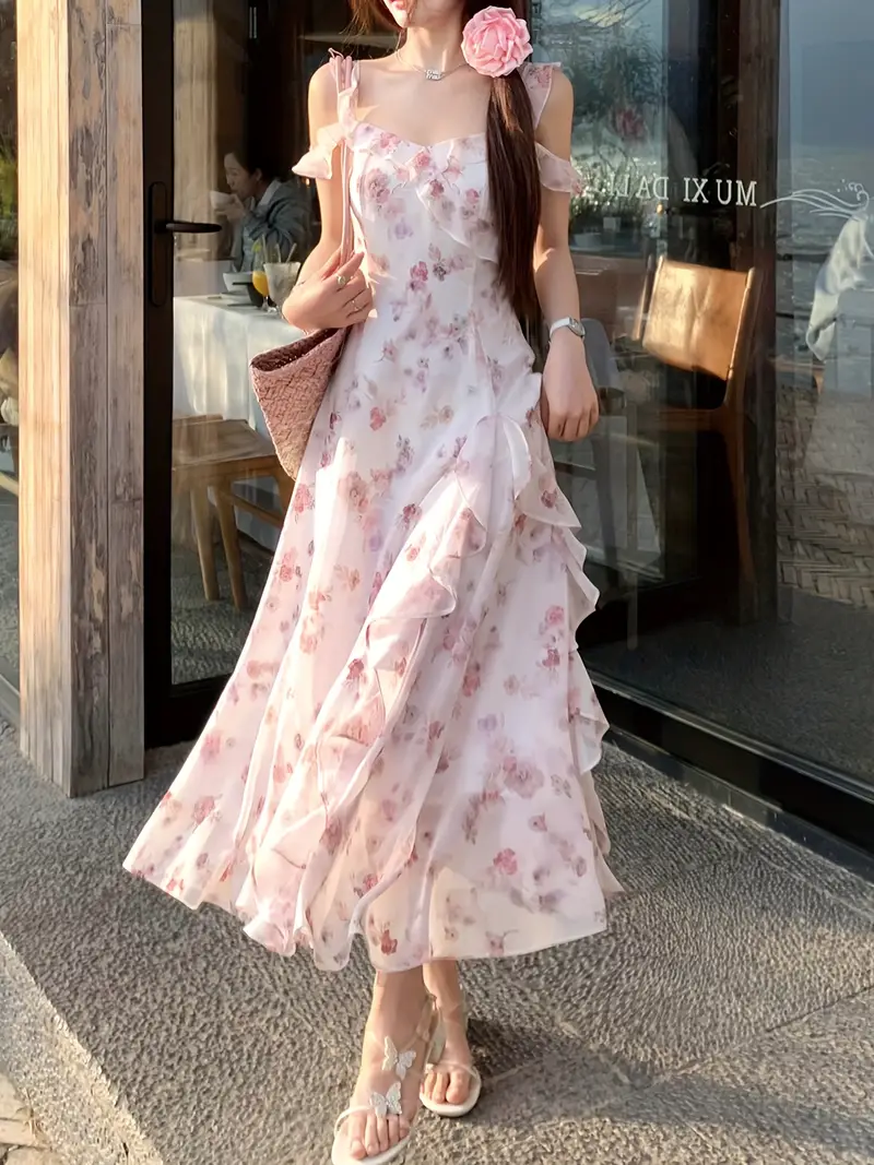 Double Strap Light Luxury Premium Irregular Long Dress Off-Shoulder Pink-Purple Waist-Cinching Floral -Like Dress Small Puff Sleeve Chiffon Skirt Double Strap Light Luxury Premium Irregular Long Dress Off-Shoulder Pink-Purple Waist-Cinching Floral -Like Dress Small Puff Sleeve Chiffon Skirt