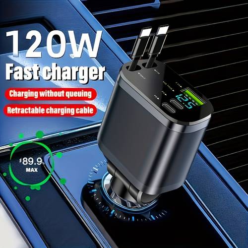 car charger with dual type c retractable cables and usb a type c pd fast charging 120w power adapter suitable for iphone 17 16 15 pro max samsung oneplus xiaomi car fast charger without battery