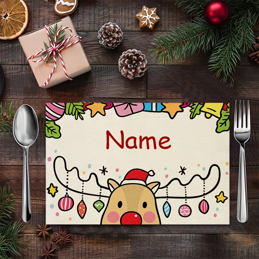 TEMU 1pc Christmas Reindeer Placemat, Home Decor Christmas White Placemat, Personalized Placemats For Christmas Party Home Decoration, Durable