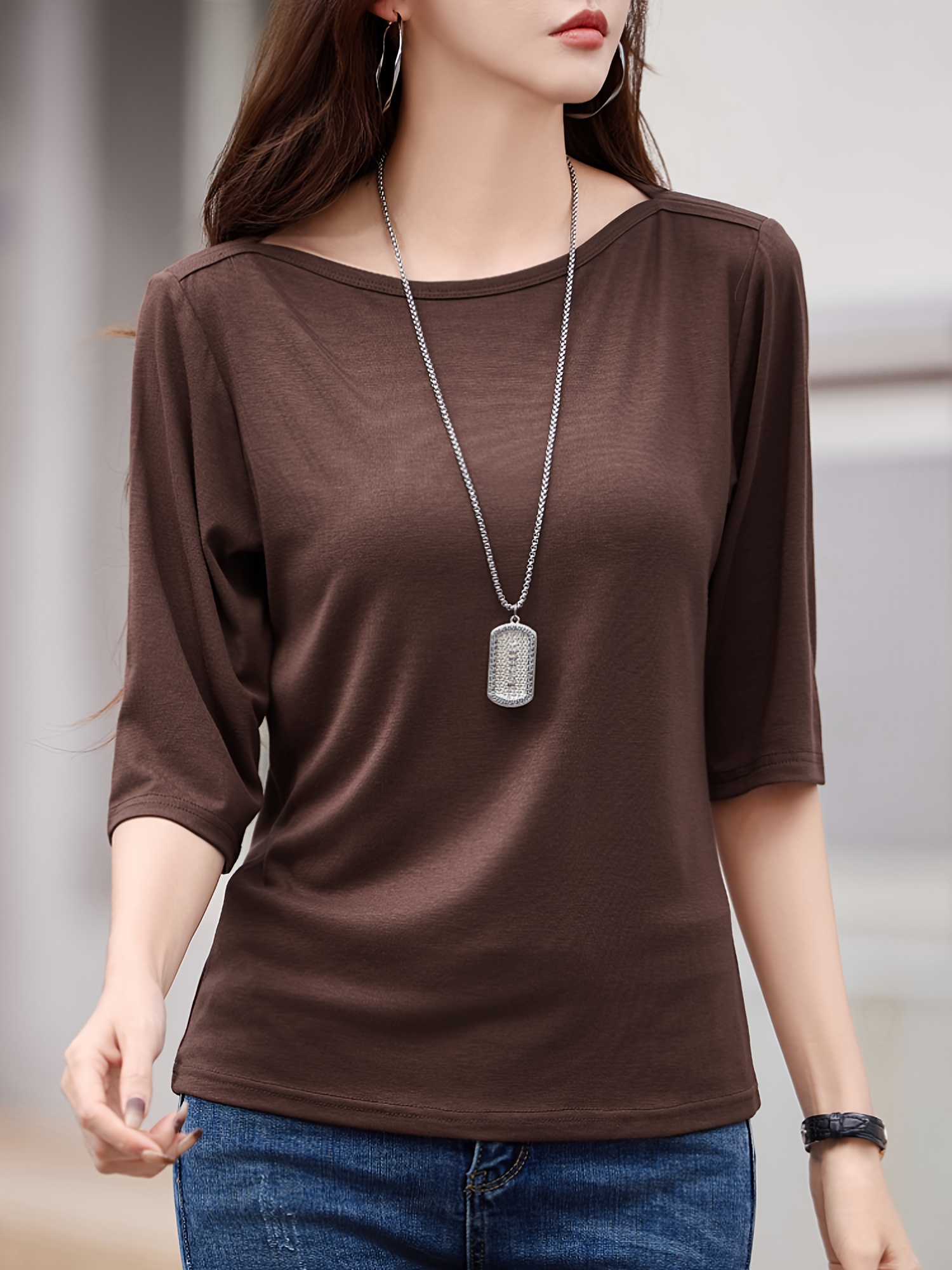 Women'S Casual Viscose T-Shirt - Solid Color, Off the Shoulder, Regular Length, Ideal for Spring/Fall, Ladies T Shirts