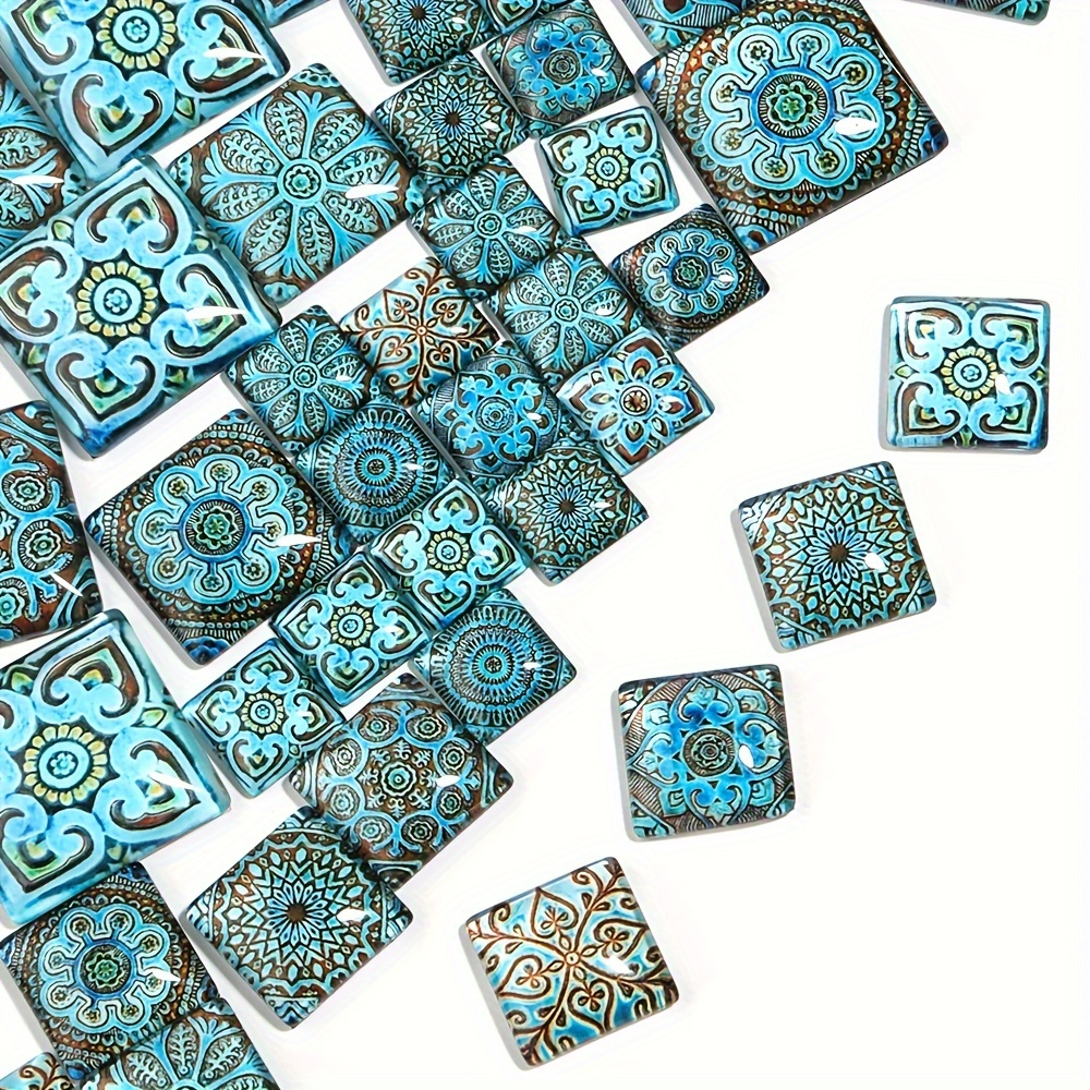 

10pcs Cabochons en Verre Carrés à Motif Floral Bleu Vibrant avec Designs Mandala Géométriques - Dos Plat pour la Fabrication de Bijoux DIY, Perles pour l'Artisanat