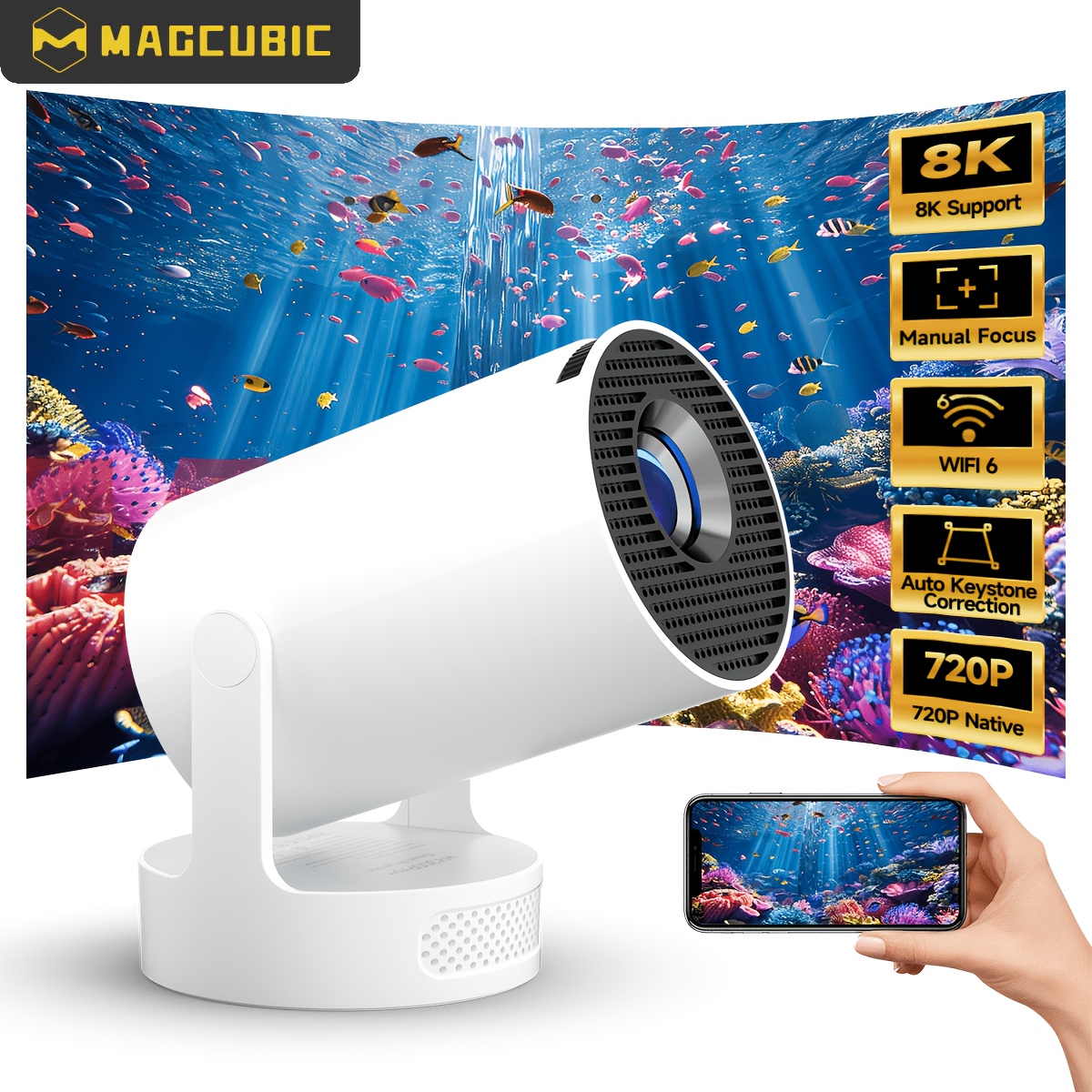 Magcubic 14 Projector Hy300pro+ Flexible Rotating Projector Native 720p Support 8k Bt5.2 H726 Processor 330ansi With Auto Keystone Correction Portable Video Projector