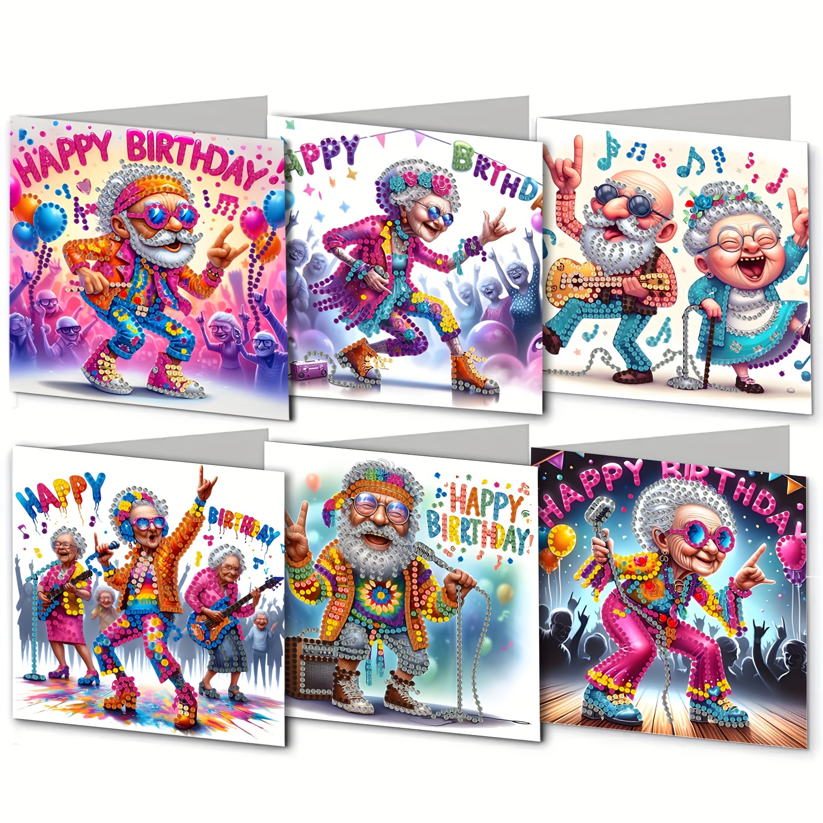 

6pcs Trendy Disco Grandma & Grandpa Diamond Painting Diy Kit - Round Crystal Rhinestone Greeting Cards For Expressing Love &