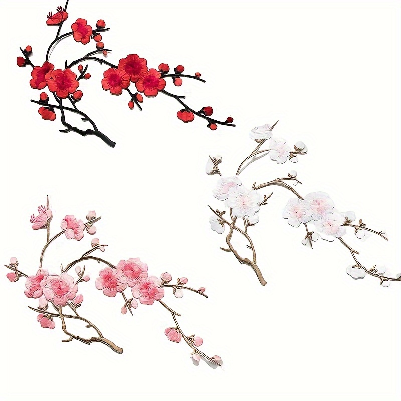 

Festive Embroidered Cherry Blossom Patch Set - White, Red, Pink, And Brown Tones - Perfect For Diy Projects And Clothing Accessories