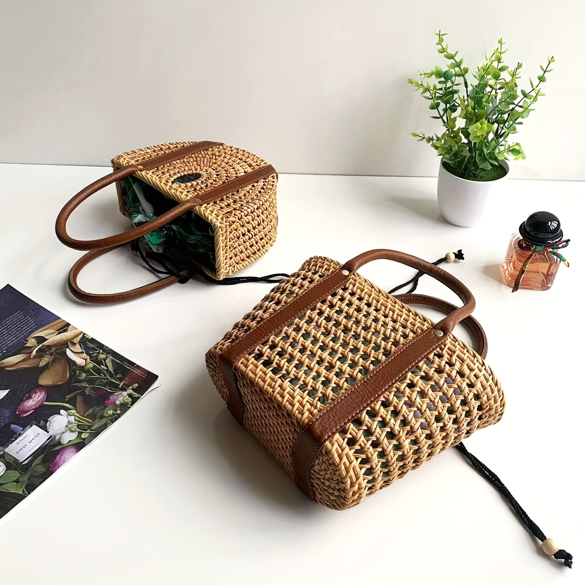 Handmade Rattan Woven Hollow Drawstring Tote Bag - Bohemian Floral Print Mixed Colors with Green Lining, Durable Synthetic Material & Sturdy Handles for Women's Fashion, Beach, Shopping, Picnic, Shopping Handbag, Ethnic Style Basket, Polyester Lining
