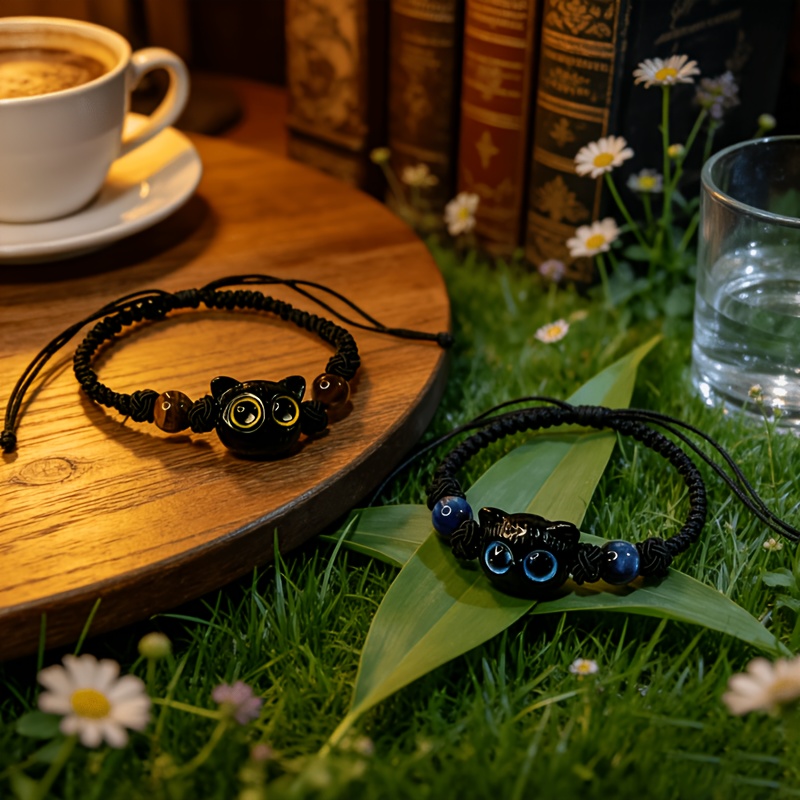 TEMU 2pcs Cute Little Black Cat Bracelets With Adjustable Design, Perfect Gift For , Couples, Or Girlfriends. The Bracelets Are Made Of And With Bows