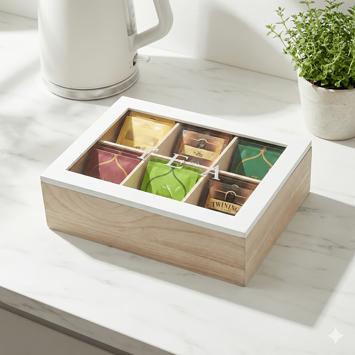 TEMU Wooden Tea Bag Storage Box With Transparent Glass Lid, 6-slot Tea Bag Organizer For Countertop, Kitchen Countertop Coffee Sugar Pods Organizer