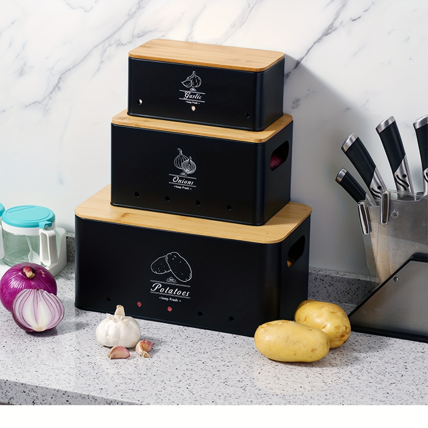 Image of Potato Storage Box, Set Of 3 Storage Containers - Store Potatoes, Onions And Garlic - Keep Vegetables Fresh For - Potato Bin, Onion Bin And Garlic Bin ()