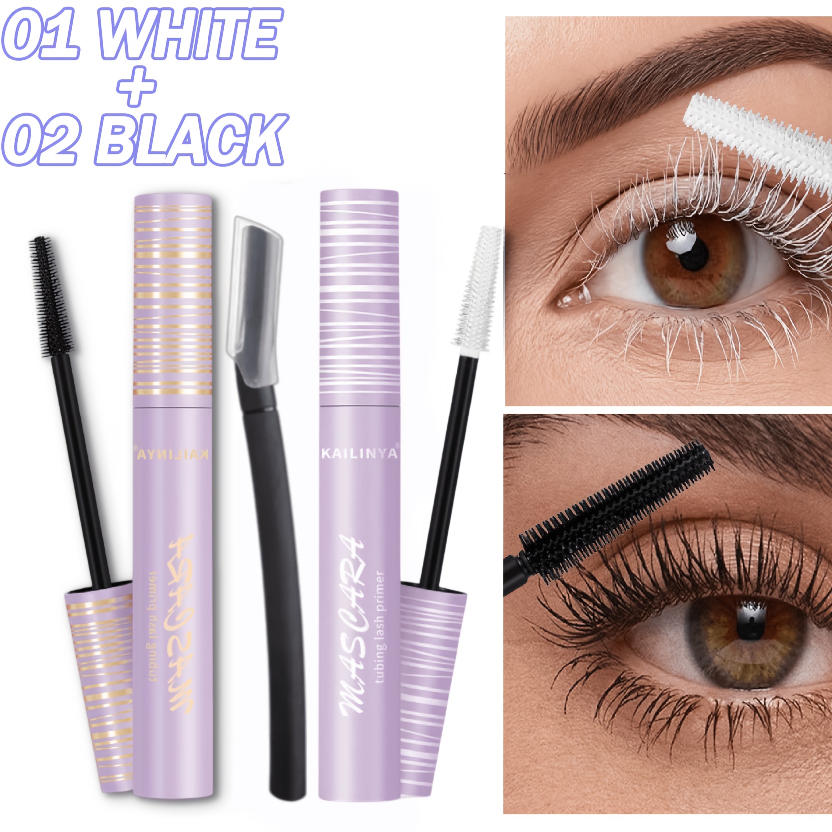TEMU [black, White And Brown ] 3pcs Set: Dual-color Volumizing, Curling And Lengthening Mascara (2pcs) And Eyebrow Razor, Easy Application, Essential