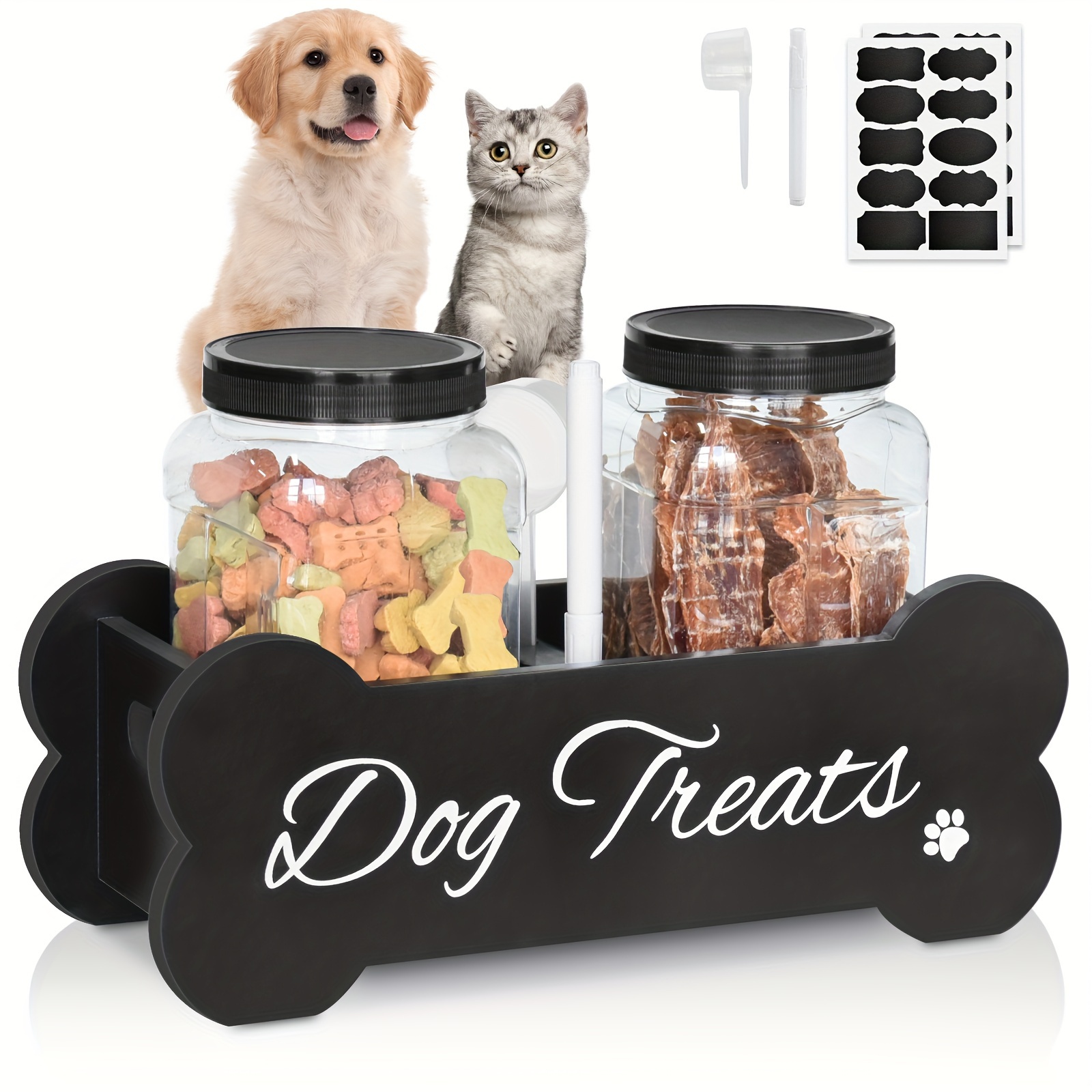 

Black Dog Treat Container, Dog Cat Food Storage Container With 2 Jars, Pet Treat Storage Organizer For Dog & Cat, Dog Food Storage Canister For Kitchen Countertop, Gift For Pet Owner