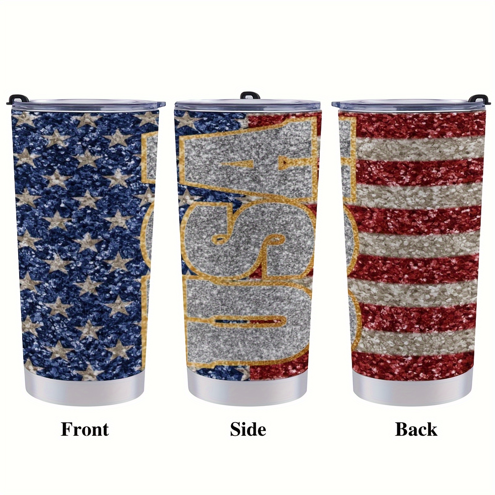 

1pc 20oz Usa Flag Printed Car Cup, With A Sparkling Bling Bling Effect, With Lid And Straw, Kept Warm And Cold For Several Hours