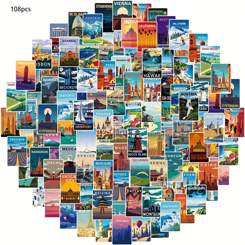 item picture 108pcs Vintage World Map Stickers Suitable for Scrapbooking, DIY Crafts, Journals & Planners - Vinyl with Glitter Suitable for Plastic Surfaces, - Travel-Themed Decals (Cities, Landmarks)