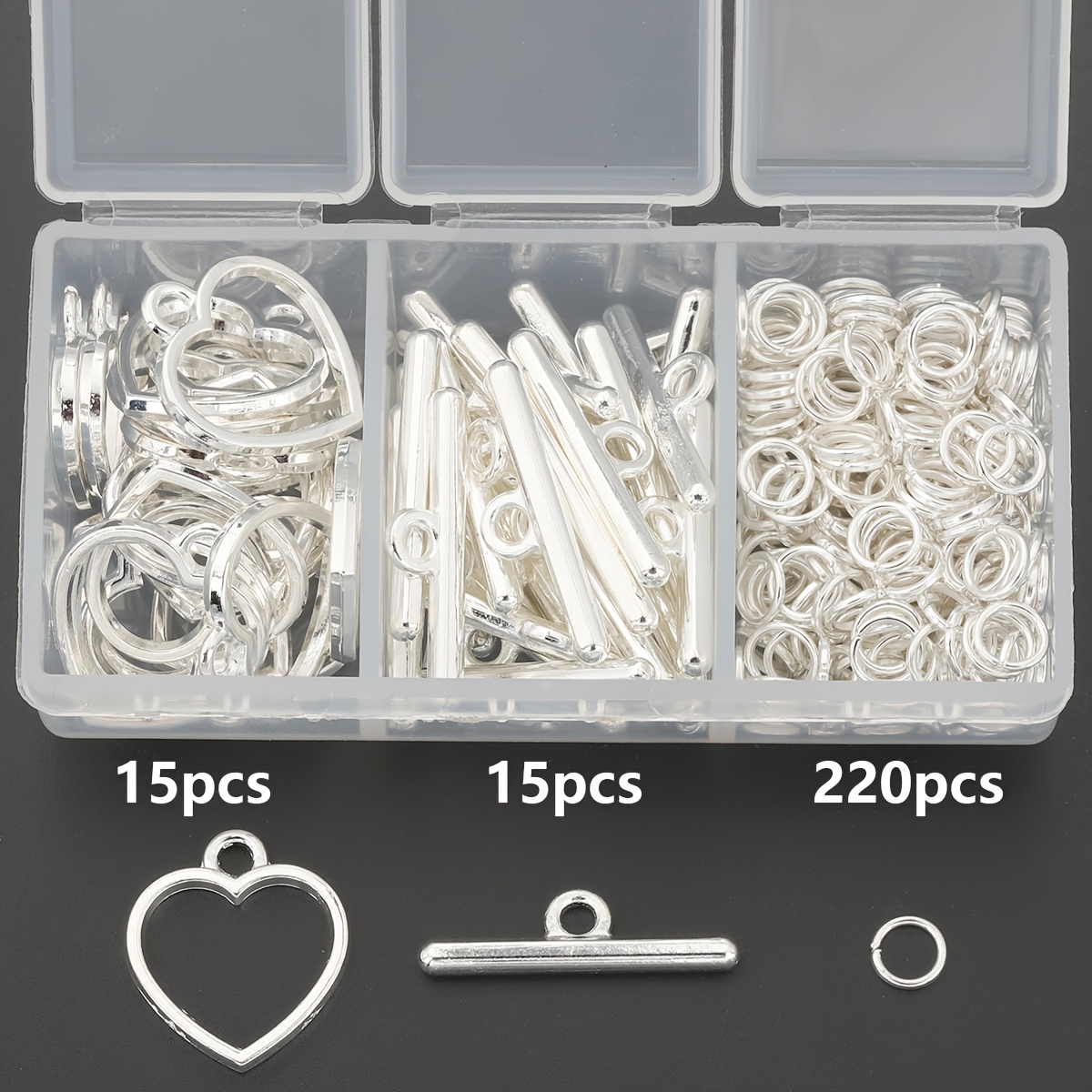 TEMU 250pcs/box Silvery Heart Ot Closure Set, Including 15pcs Heart Pendants And 15pcs T-clasps And 220pcs Jump Rings, Suitable For Jewelry Closure