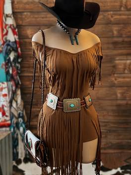 1pc dress off shoulder fringe fitted irregular hem dress western cowboy style ideal for vacation party versatile dress