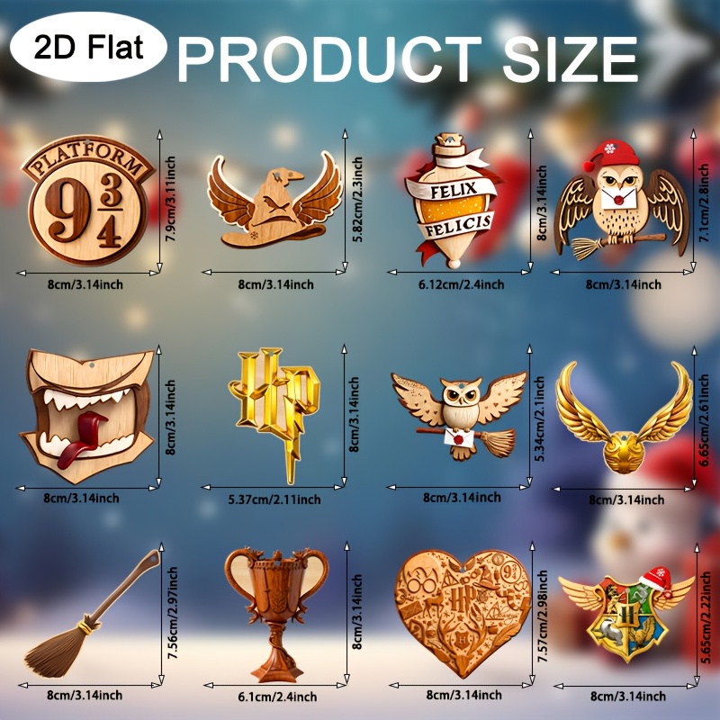 TEMU 2d Flat 12pcs/set Of Wb Harry Potter-themed Wooden Christmas Ornaments, With Strings, Perfect For Decorating Christmas Trees, Doors, And Windows