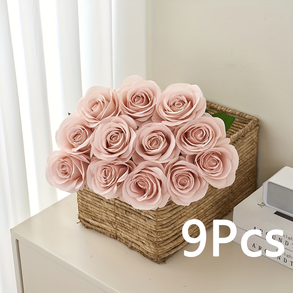 Image of Dusty Pink 9pcs Artificial Fake Roses With Long Stems For Wedding Decor Home Party Centerpieces