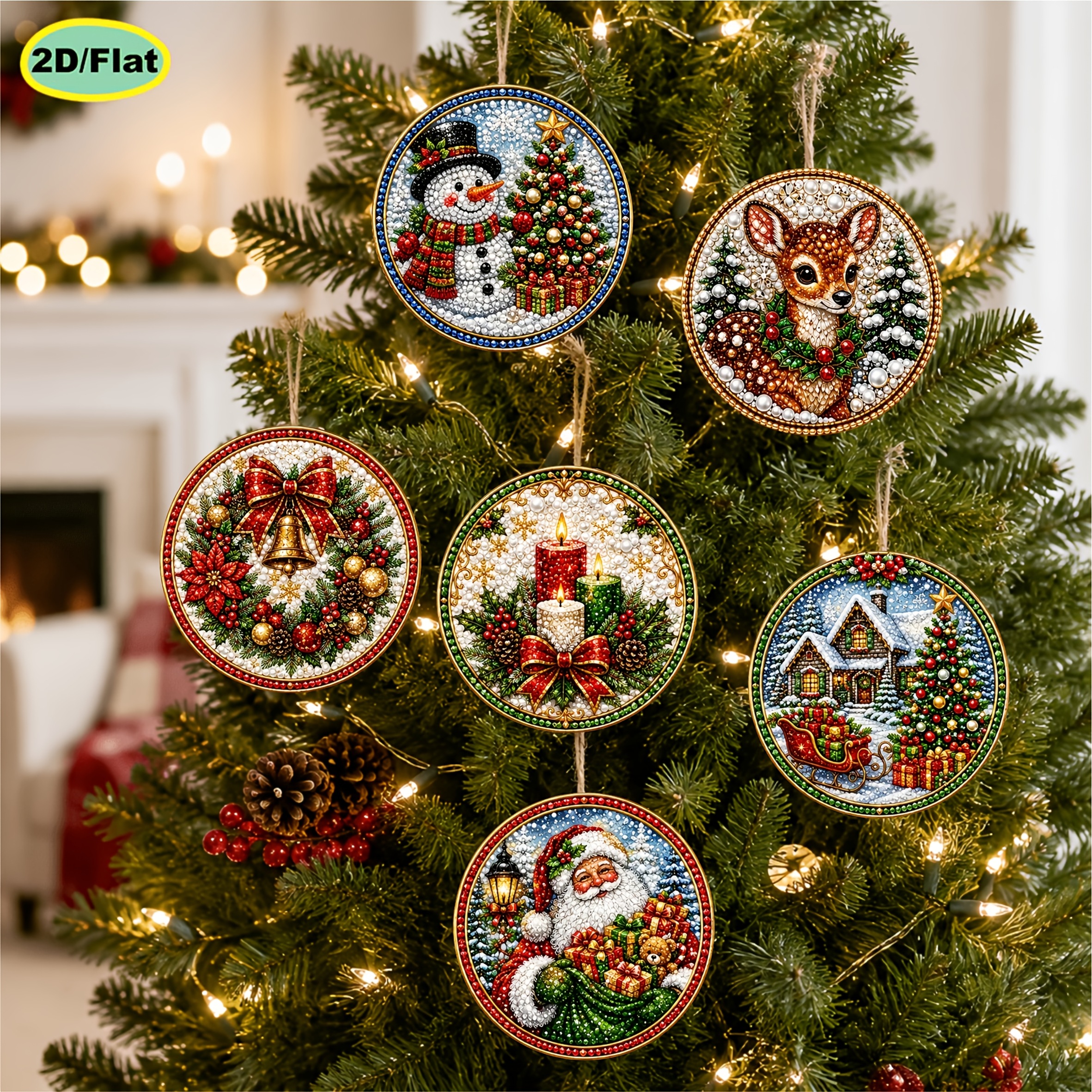 TEMU 6pcs Pearl Diamond Painting Wooden Tag Pendant Set, Christmas Theme 2d Flat High Definition Printing, 3.07-inch Full Set Of Hand Drilling