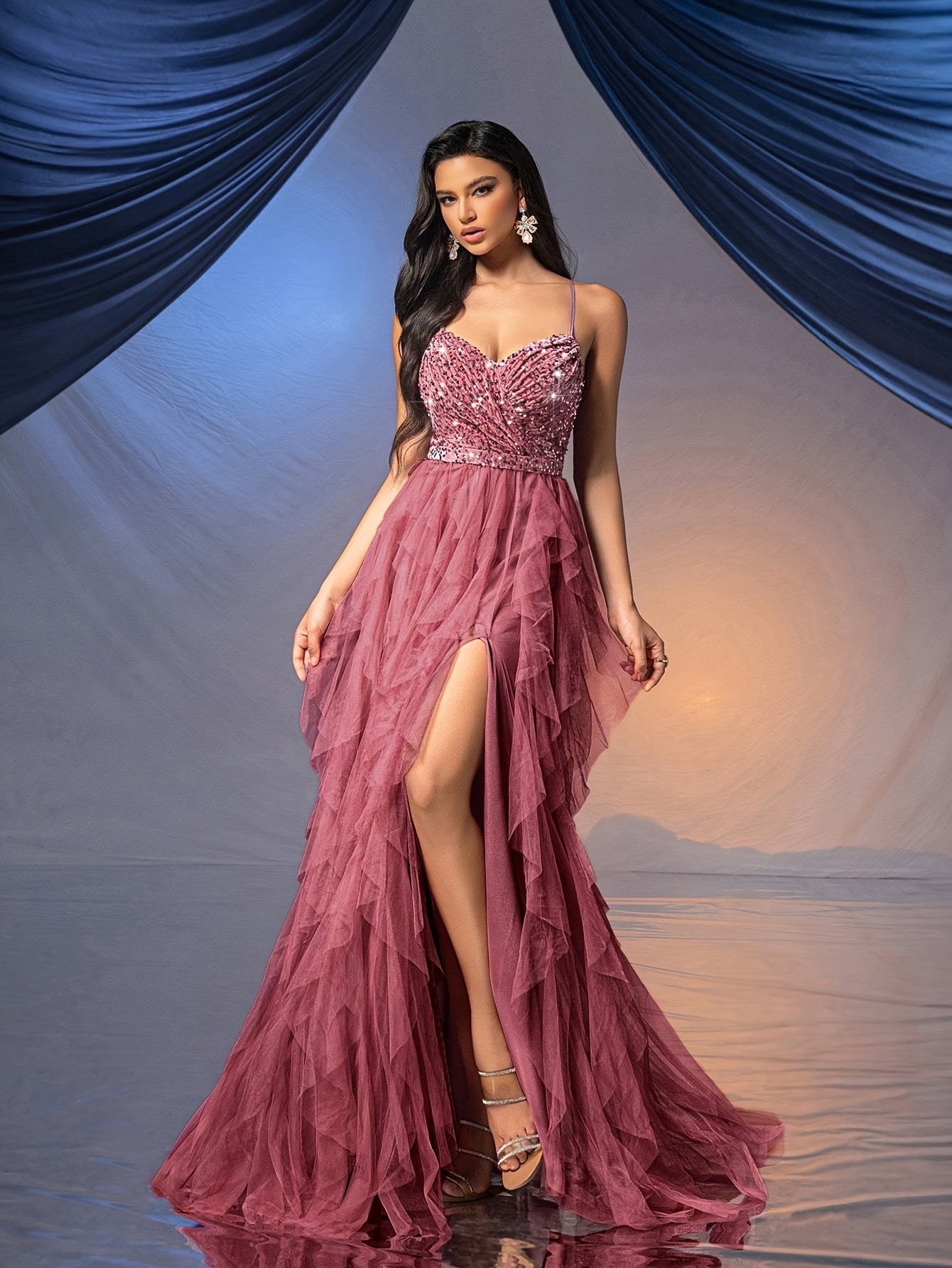 vestido noche elegante rosa lentejuelas vestido line Temu