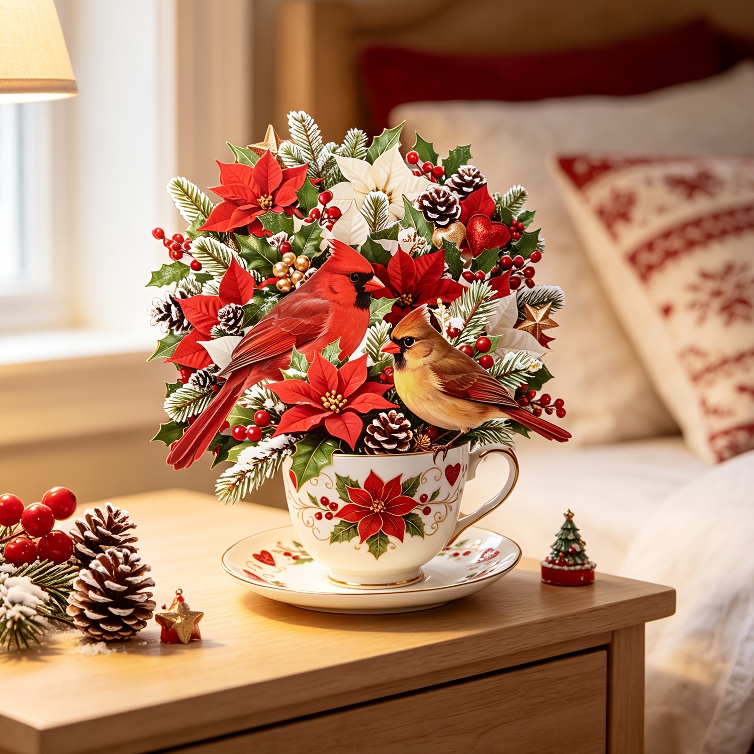TEMU Carte de vœux de Noël et de Saint-Valentin Pop-Up, décoration intérieure de poinsettia et de cardinal , carte à pour Noël et la Saint-Valentin,