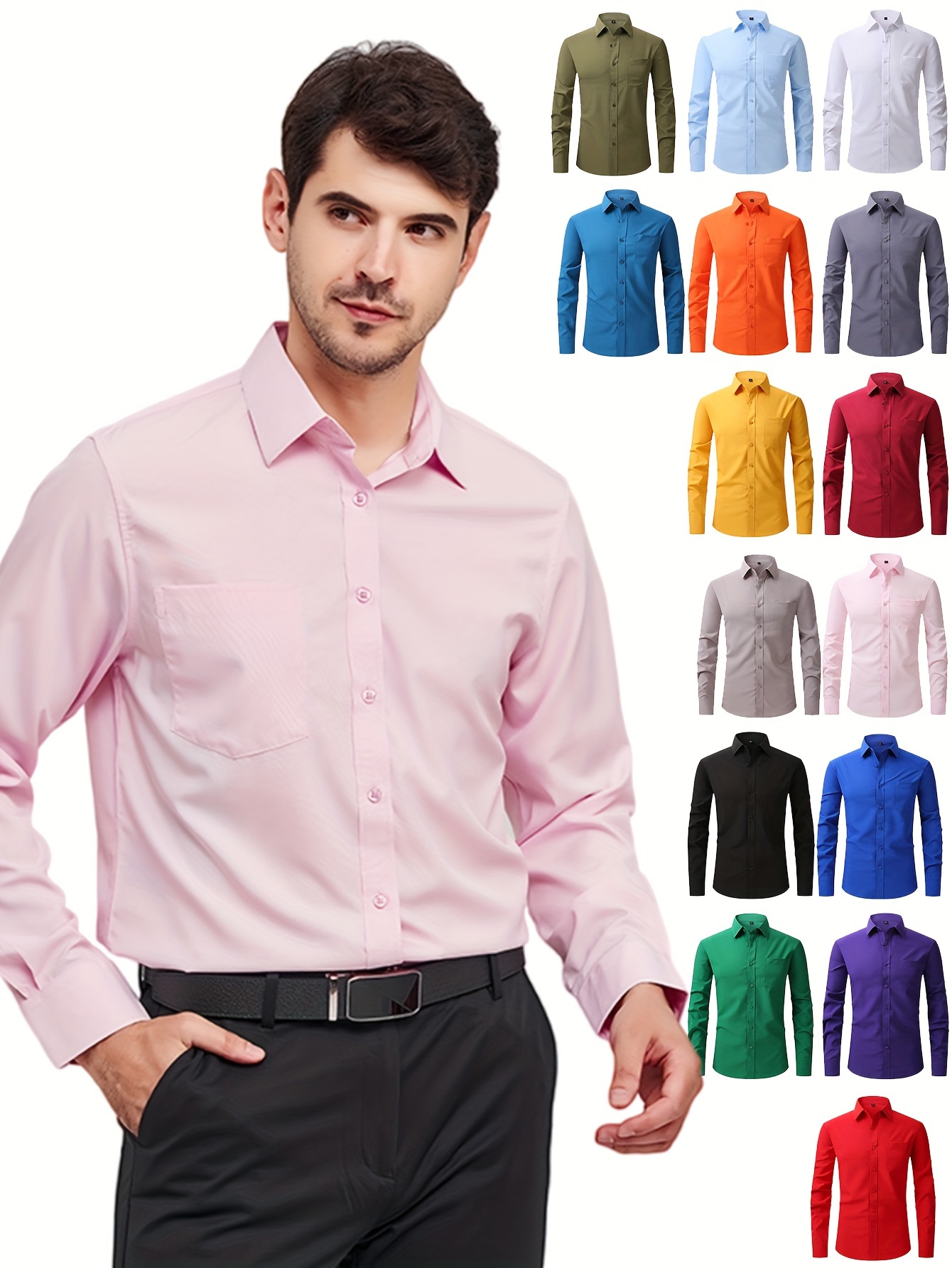 Men's Spring Fall Formal Shirt, Men's Long Sleeve Regular Solid Color  Business Slim Fit Button Up Shirt