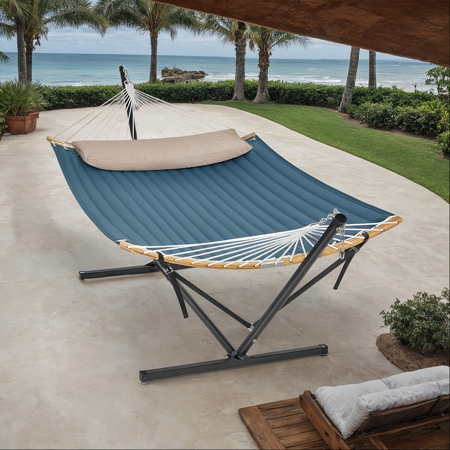 TEMU Hammock With Stand, Padded Hammock With Pillow, Bamboo Spreaders, Portable