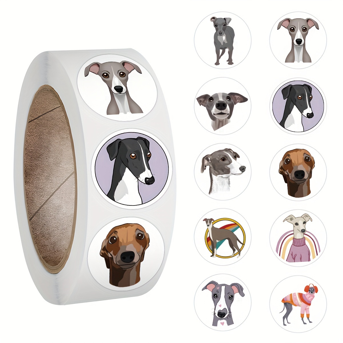 Image of 500pcs Zxirna Greyhound Stickers Roll - Vinyl Dog Breed Decals, Round Greyhound Puppy & Portraits, White & Greyhound Patterns For , Laptop, Water Bottles, Phone, Skateboard - Cute Collectible
