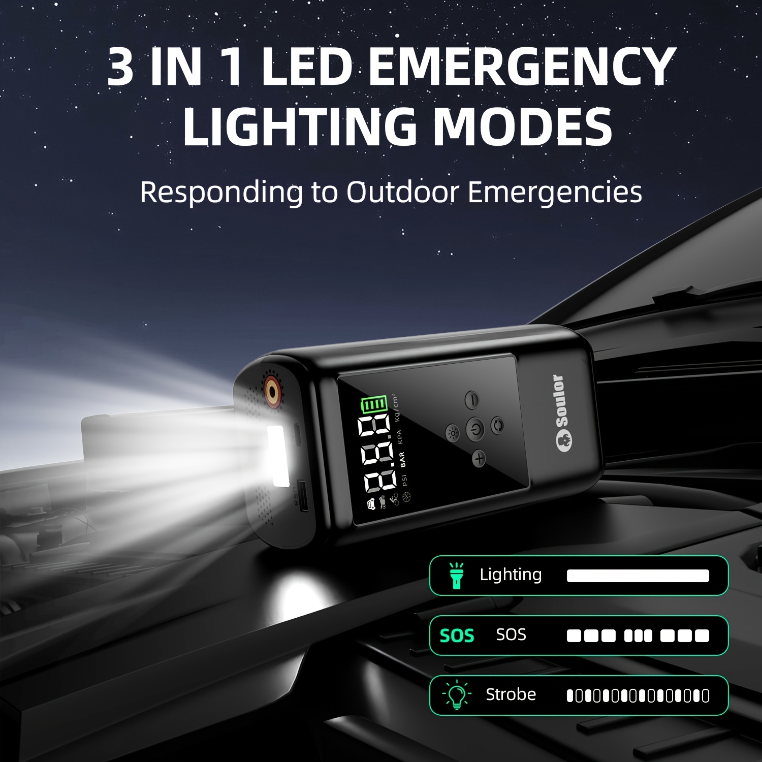 Soulor Car Jump Starter, 3000A to 6000A Portable Starter Power Supply, 2-In-1 Inflatable for All-In-One Multi-Functional Upgraded Version, 12V Quick Start Car, Suitable for All Cars, LED Emergency Lights, Compass, USB Input/Output