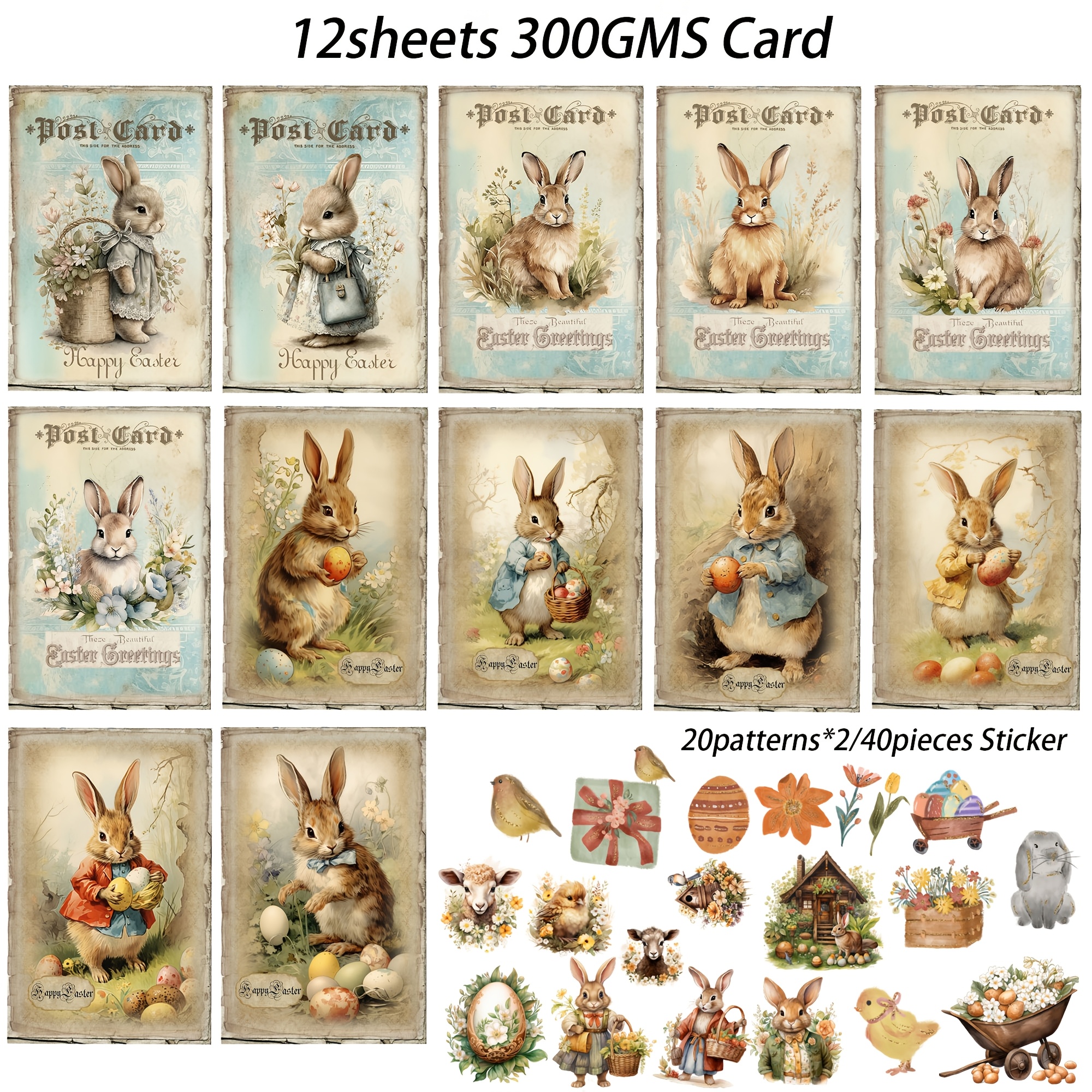 2d Flat 52pcs (12 Cards, 40 Stickers) Thick Cardboard Set, For Easter Decoration, Scrapbooking Supplies, Junk Journal, Crafts, Greeting Card, Holiday Decorations, Postcard