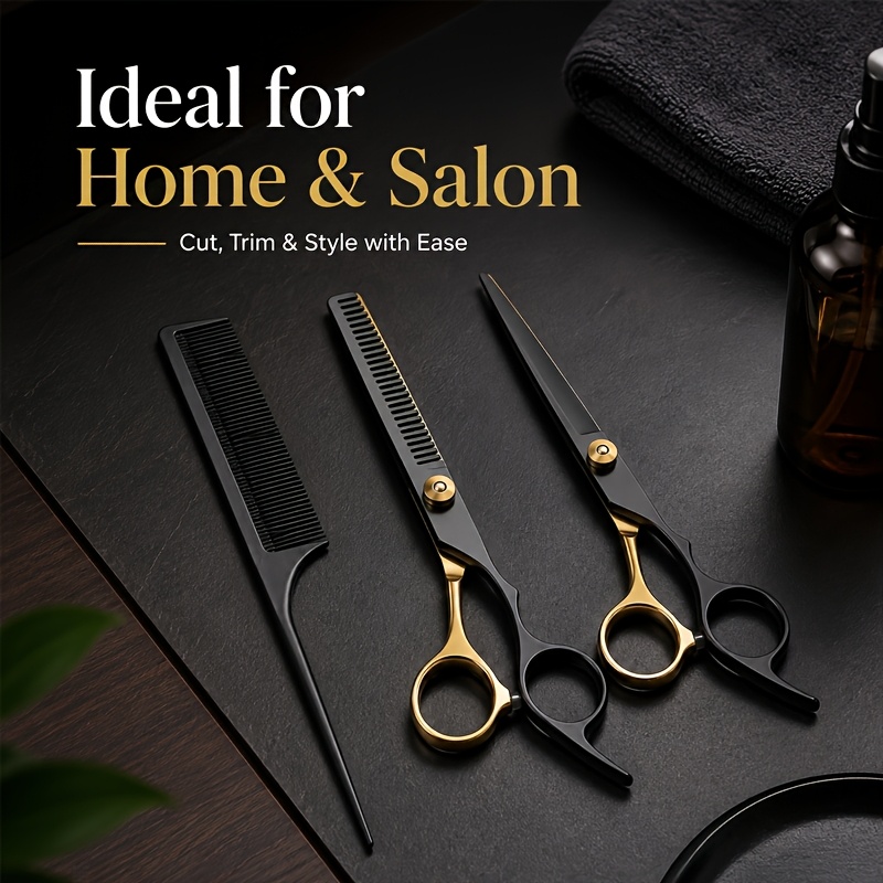 TEMU Ensemble de ciseaux de coiffure 3 pièces avec peigne à queue, kit de ciseaux de coiffure professionnels, ciseaux à éclaircir et ciseaux de coupe