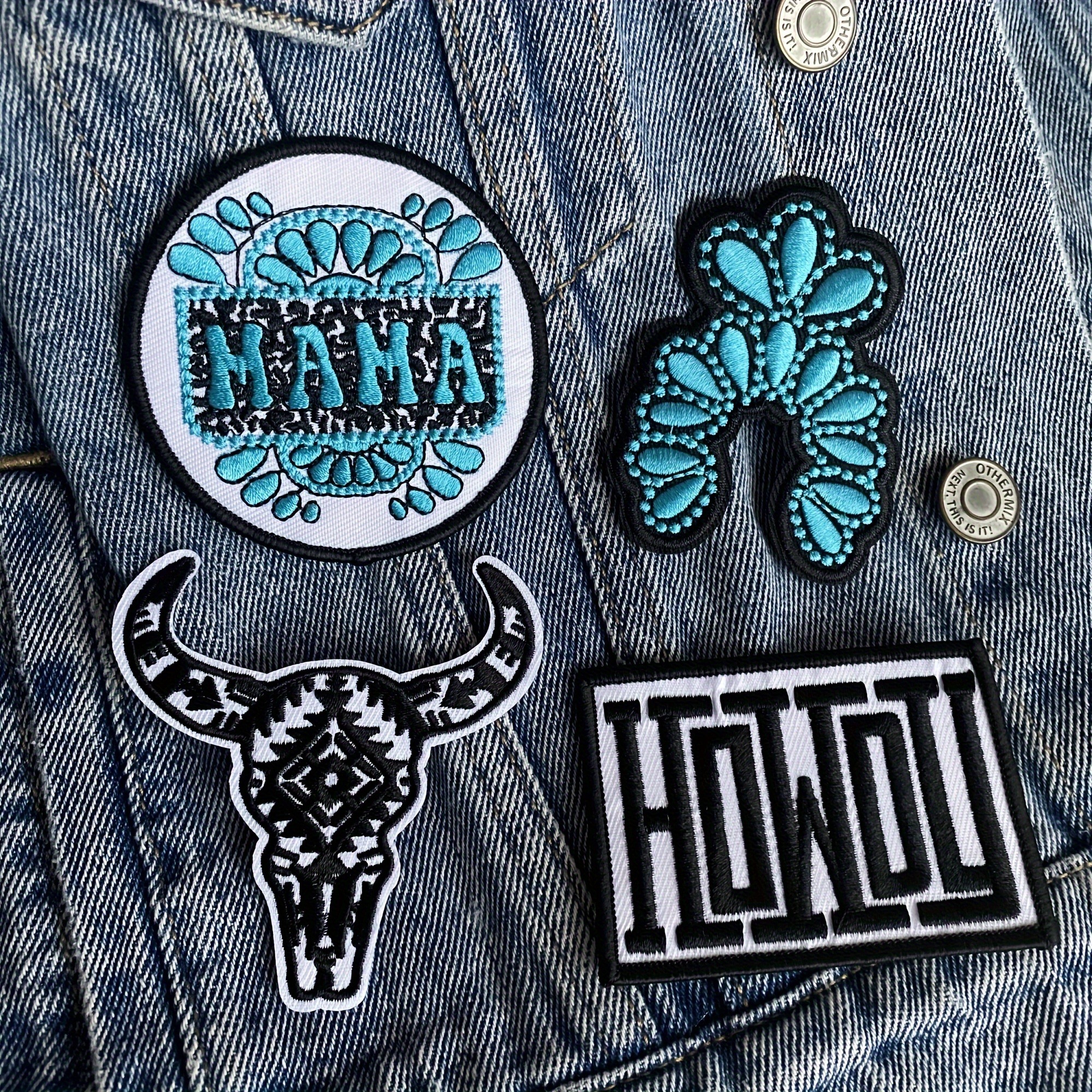 

4pcs 'mama & Howdy' Embroidered Patch Set - Turquoise & Black, Iron-on/sew-on Appliques With Floral & Geometric Designs For , Trucker Hats & Backpacks, Embroidery Patches