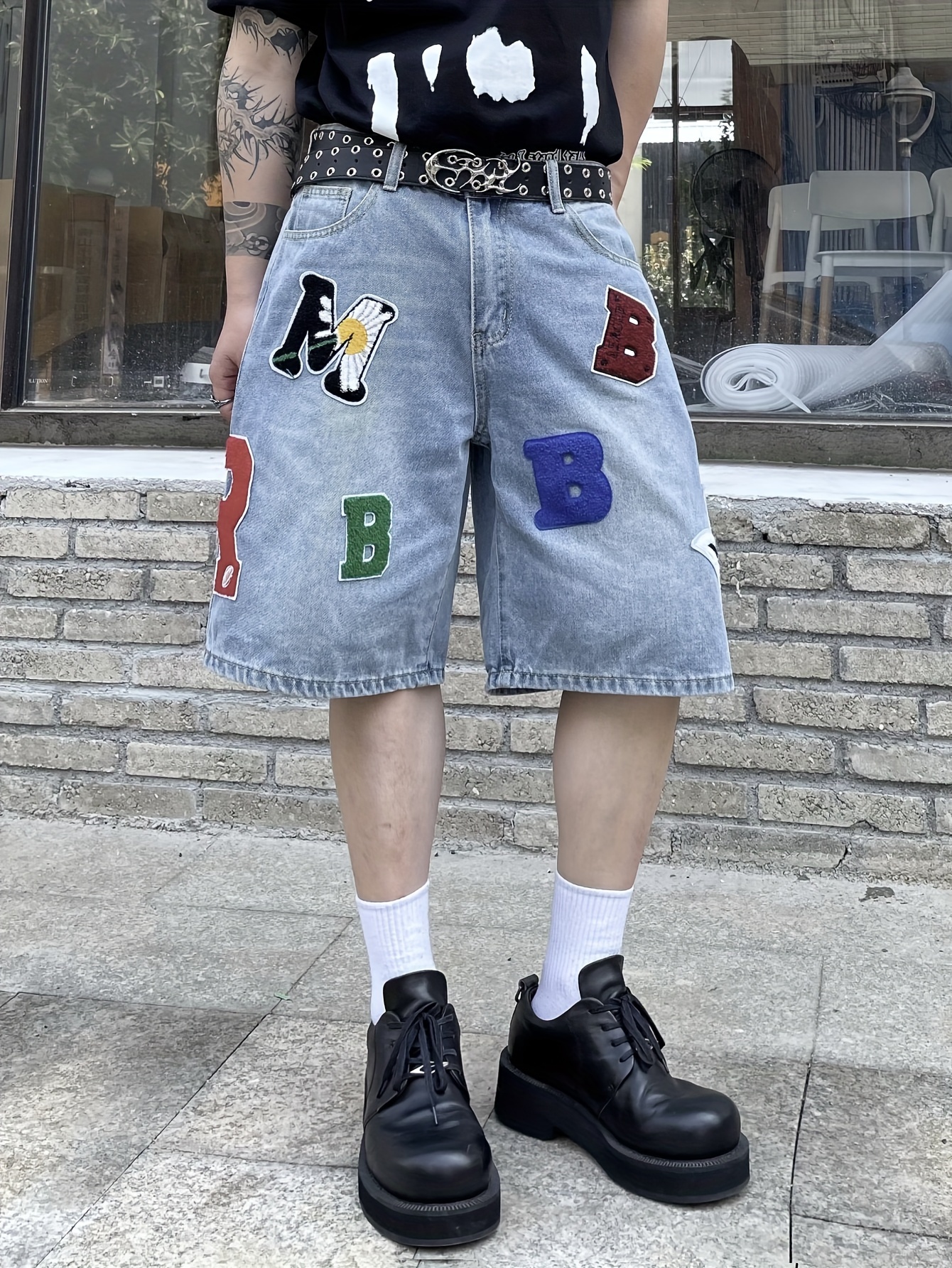*'s American Streetwear Denim Shorts with /English Letter Logo  (A//C/D/E/F/G/H/I/K/L/M/N/P/Q/R/S/T/V/W/X/Y/Z) Loose-Fit Wide-Leg  5-Pocket