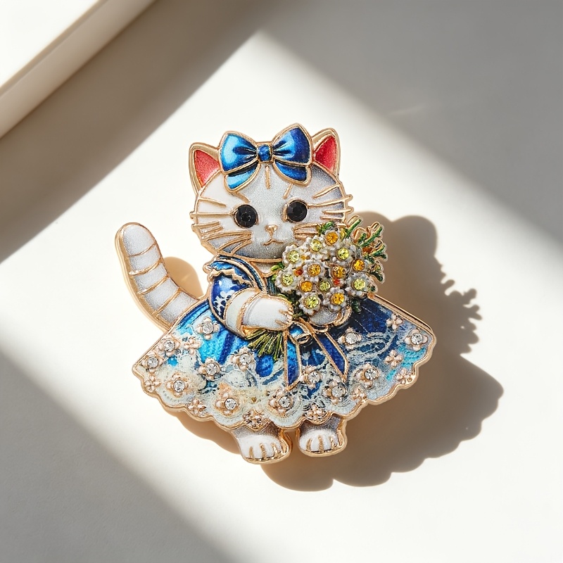 TEMU 1pc Rhinestone Lace Dress Bouquet Cat Enamel Brooch, Vintage Lolita Light , Suitable For Denim Jacket/sweater/coat/backpack/hat, Ideal For