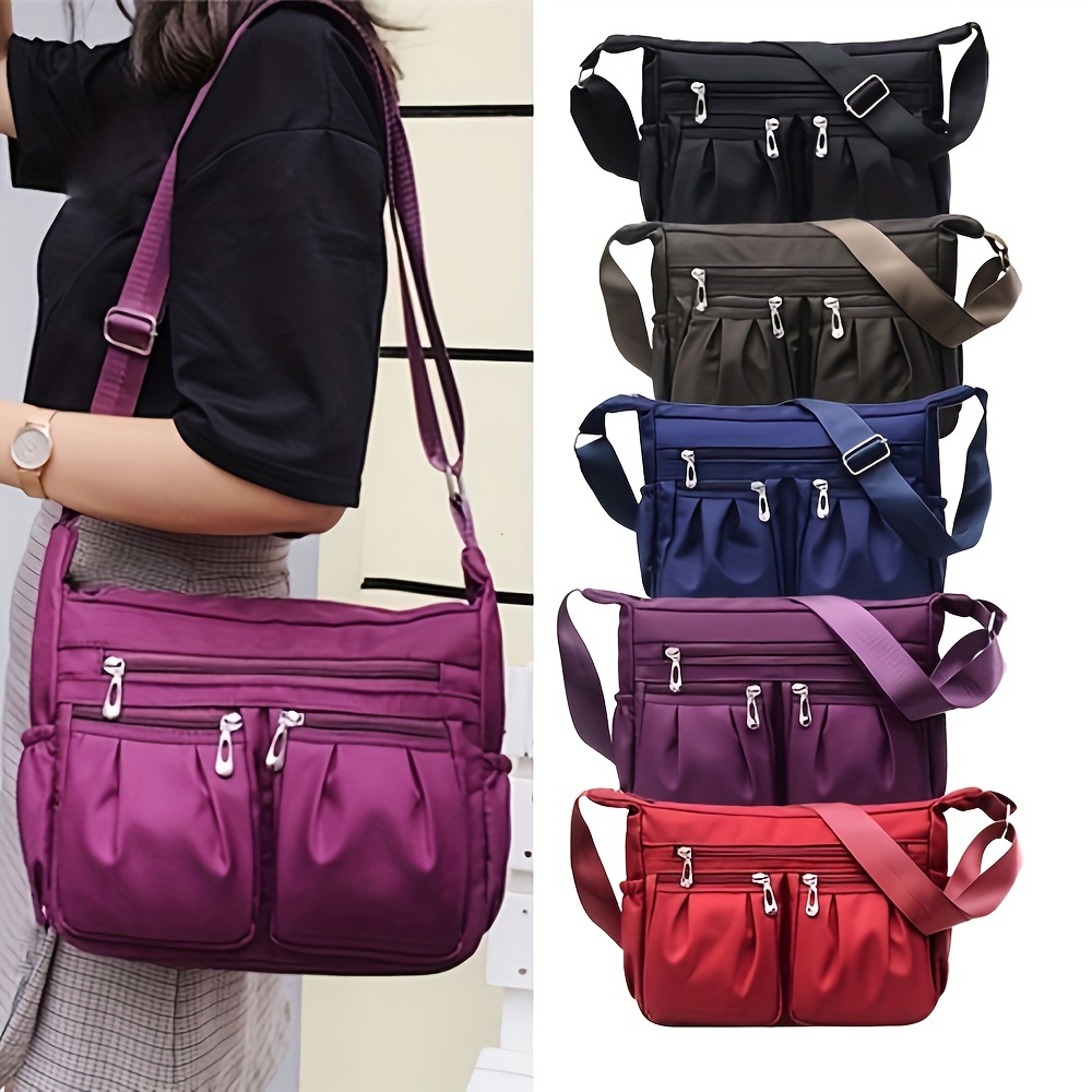 

[versatile Accessory] Versatile Nylon Crossbody Bag For Women - Adjustable Strap, Multi-zip Compartments, Casual Hobo Shoulder Bag In Army Green, Purple, Red, Blue, Black, Small Crossbody Bag