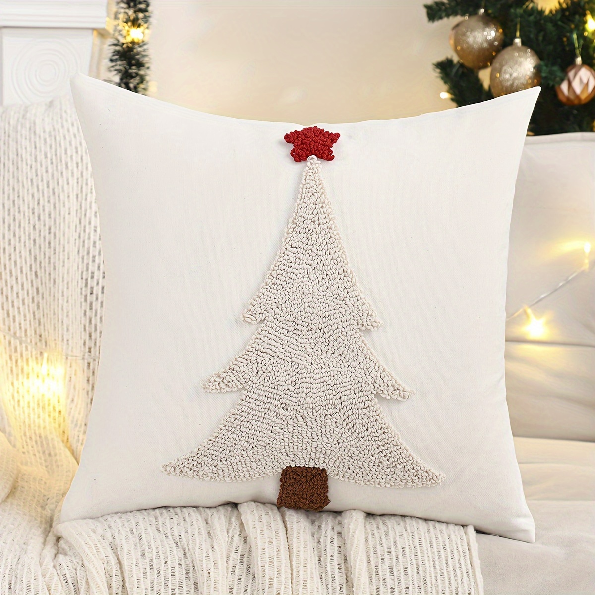 1pc Christmas Pillowcase Fleece Canvas Embroidered Christmas Tree Decor Living Room Bedroom