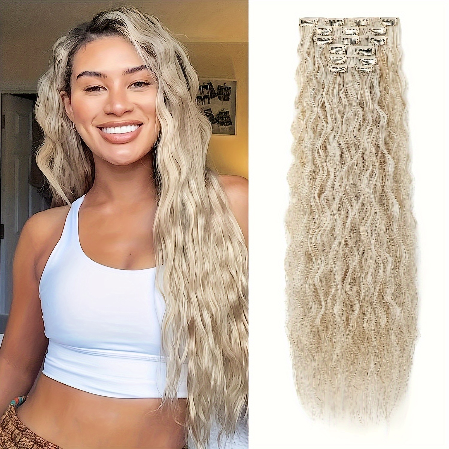 6pcs luxurious 24 inch blonde clip in wavy hair extensions for women   synthetic   friendly   coverage with elegant white diamond accents ponytail hair extensions details 1