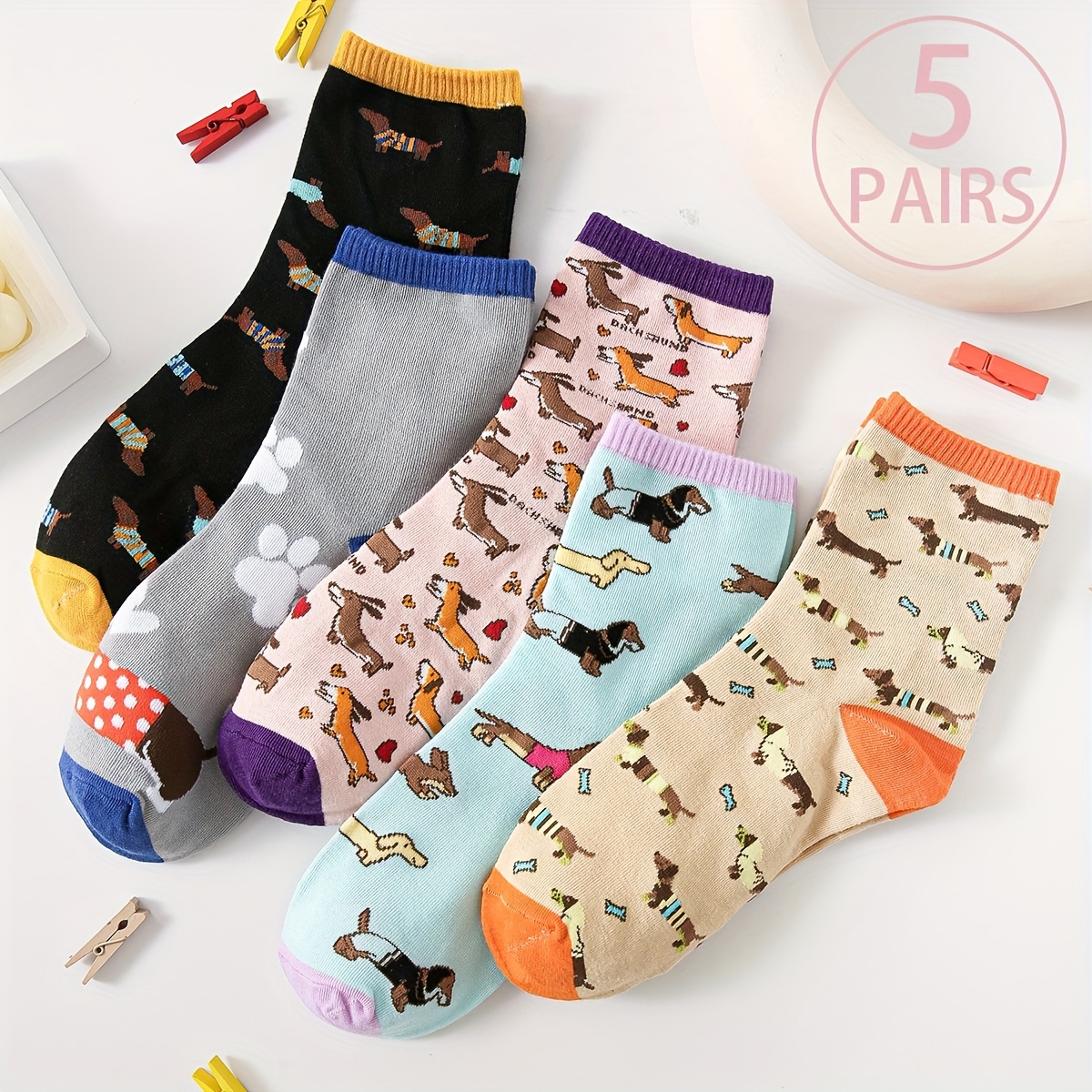 

5 Pairs Of Women's Mid-tube Socks Dachshund Dachshund Dog Heart Fun Cute Pattern Soft And Comfortable Sweat-absorbent Casual Sports Socks Crew Neck Socks