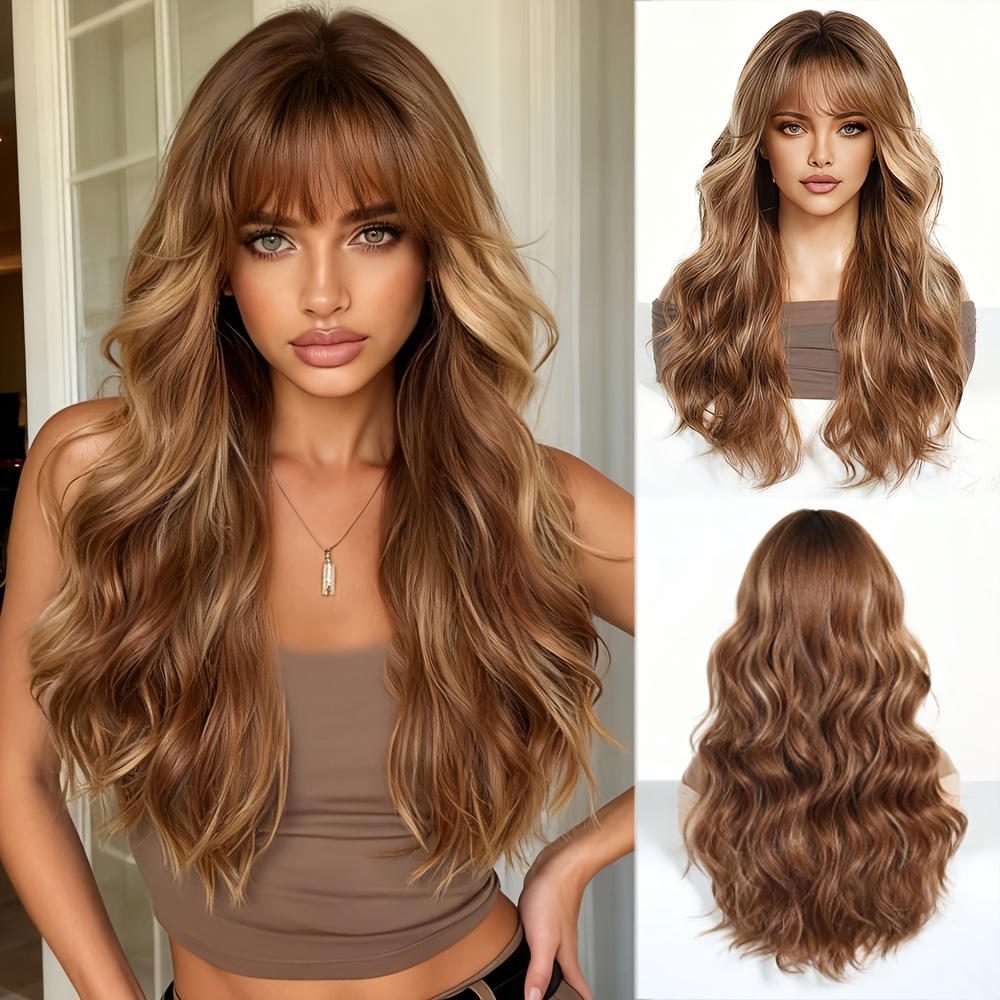 TEMU Perruque bouclée pour femmes de 24 pouces avec frange, couleur blonde dorée, perruques ondulées résistantes à la chaleur pour une utilisation