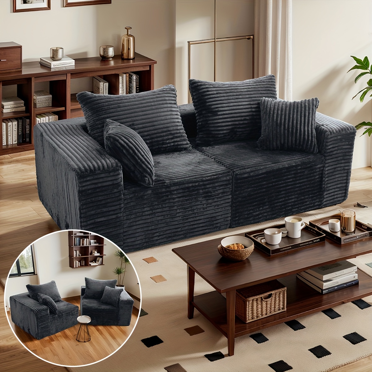 sofa cloud couch 2pcs set ultra soft stretchy ribbed loveseat that separates into two individual chairs for flexible living room bedroom or apartment seating