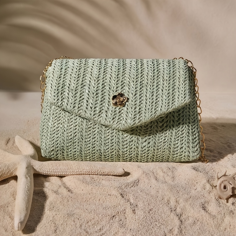 TEMU Mint Green New Woven Women's Handbag, Straw Bag, Travel Bag, Fashionable Chain Shoulder Crossbody Bag, Beach Bag