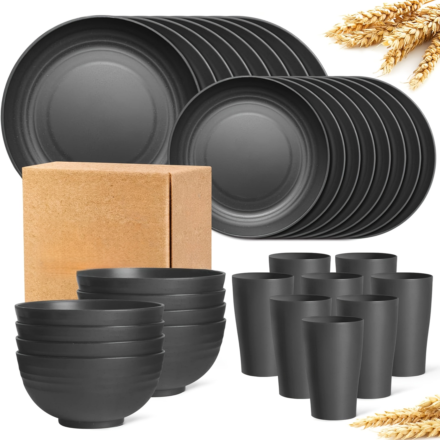 

32 Piece Kitchen Plastic Wheat Straw Tableware Set, Serving 8 People, Dining Plate, Dessert Plate, Cereal Bowl, Cup, Unbreakable Colored Plastic Outdoor Camping Tableware, Black