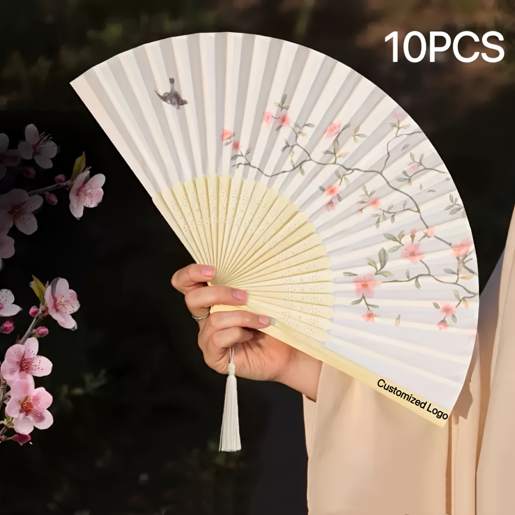 TEMU Free Custom 10pcs Elegant Women's Floral Folding Fans - Beige And , With Tassels, Elegant, Lightweight Handheld Fans, Suitable For Weddings,