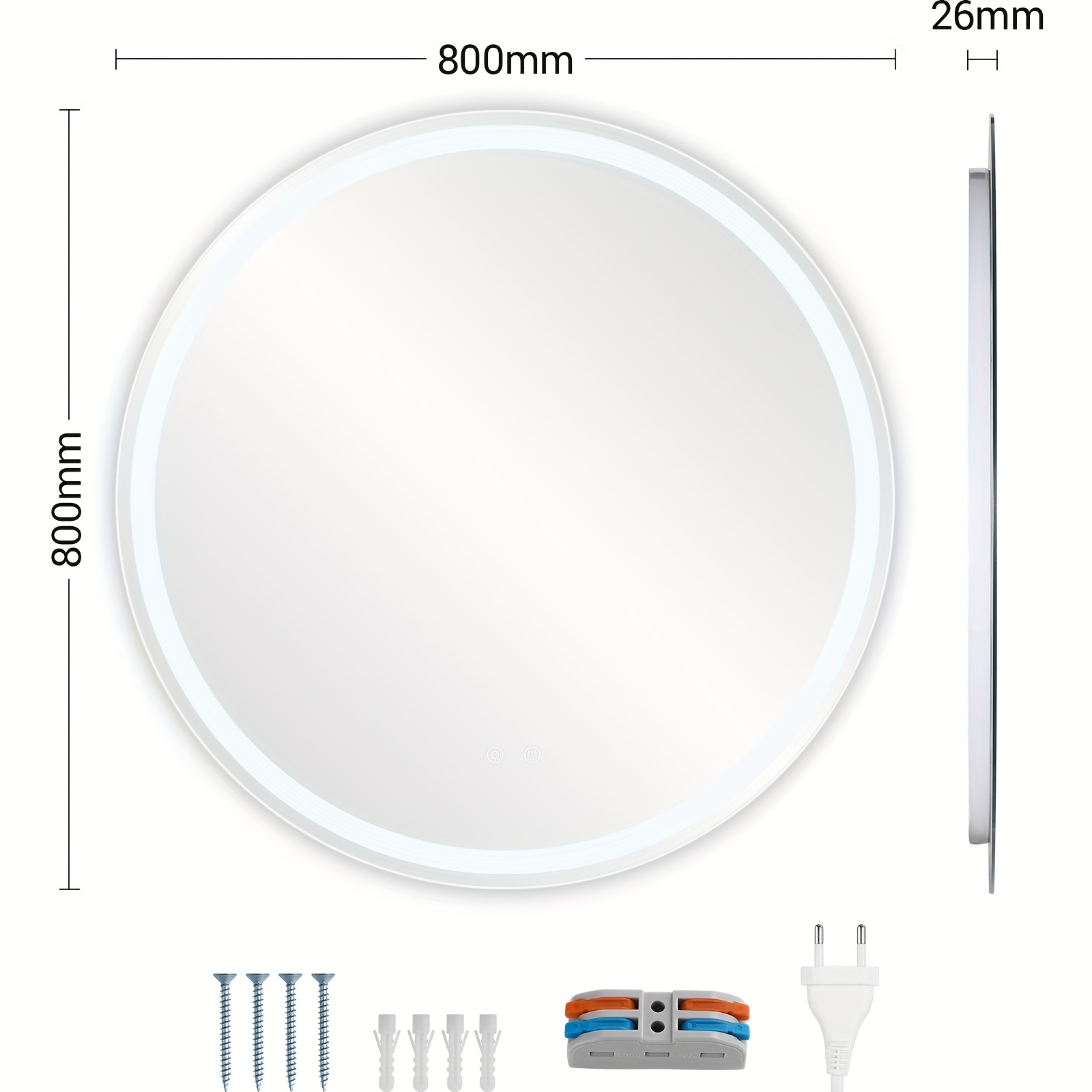 E-shop Beleuchteter Badezimmerspiegel, Durchmesser 60/80 cm, Runder Spiegel mit LED-Licht, Wandspiegel fürs Bad, Dreifarbig dimmbar, Sicherheitsglas,