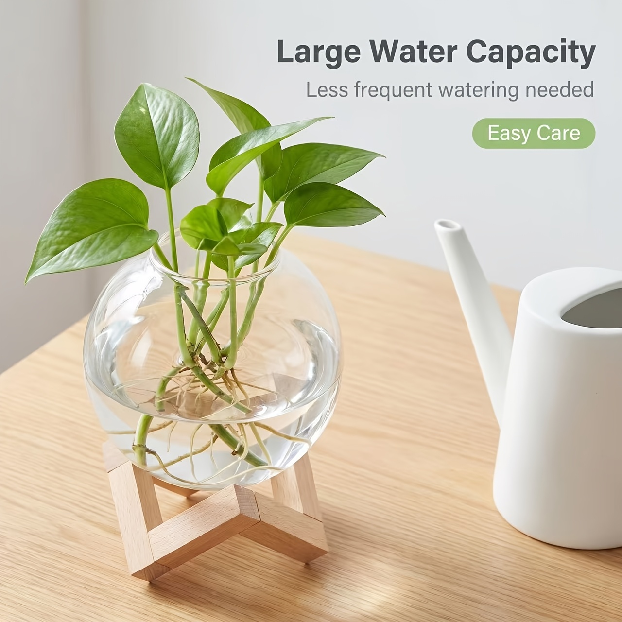 TEMU Self-watering Glass With Wooden Stand - Watering Plant Pot Suitable For /outdoor Use, Hydroponic Cultivation Station For Herbs,, Houseplants,