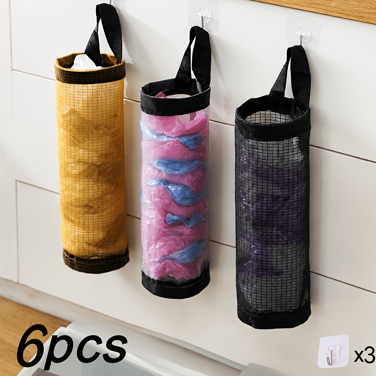 TEMU 6 Kitchen Storage Bags With Hooks (3 Storage Bags + 3 Hooks) - Reusable Hanging Mesh Grocery Bag Organizer, Space Saver Hanging Mesh Grocery Bag